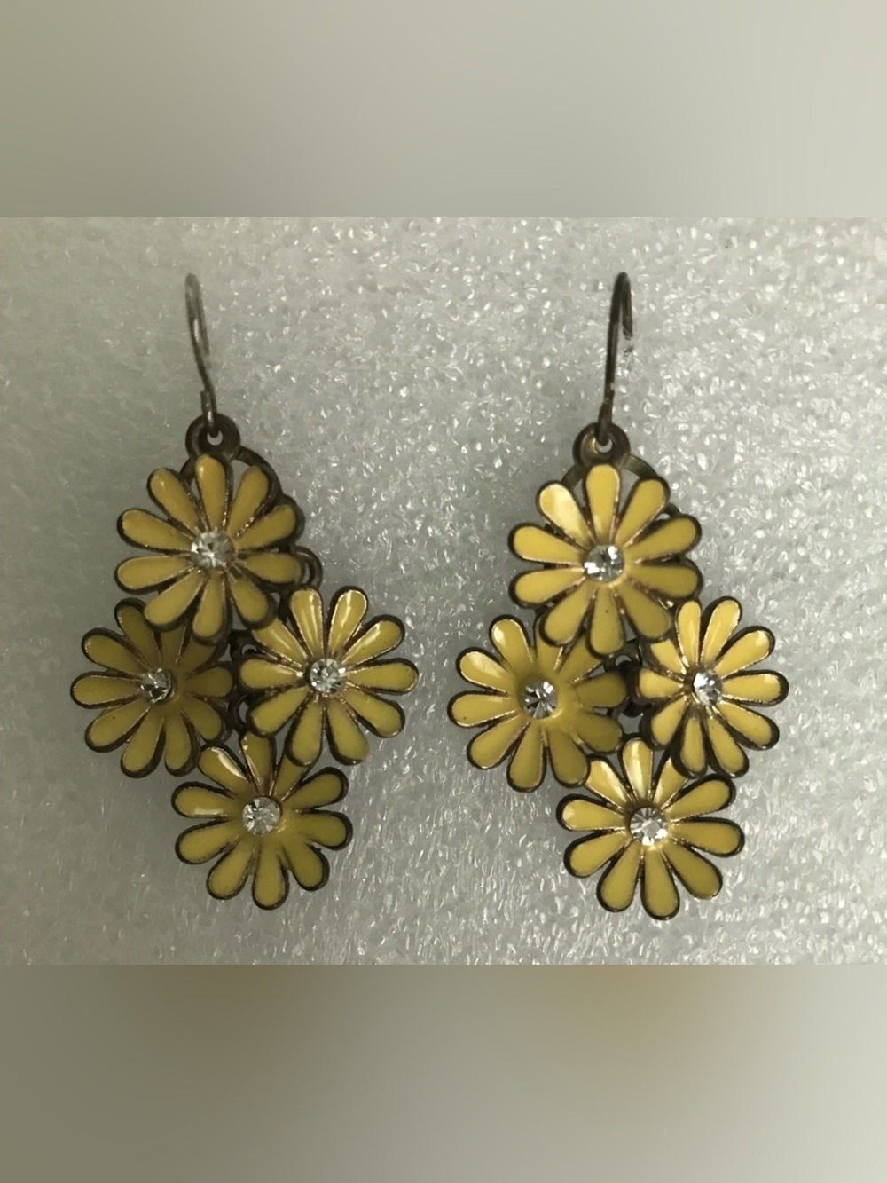 Vintage Yellow Flower With Rhinestone Center Earrings